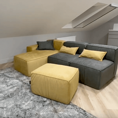 Купили бескаркасную мебель для декора мансарды. Фото до и после. Отзыв с рейтингом 5/5.